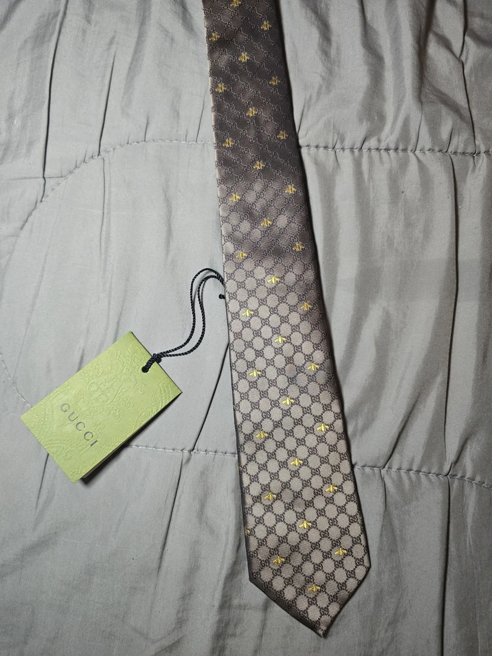 Gucci Gray Silk Tie with Gold Bee Motif